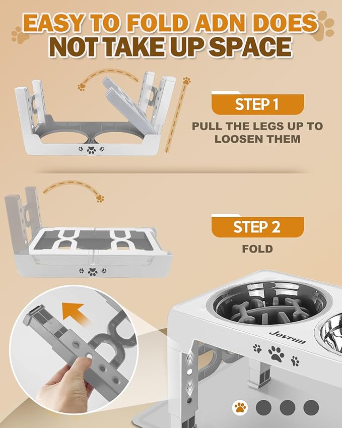 Elevated Dog Bowls with Mat, Non-Slip Dog Feeder with 1*Stainless Steel Dishes & 1*Slow Feeder Bowl, 5 Heights Adjustable Raised Bowls for 3.15″-8.66″-9.84″-11.02″-12.2″