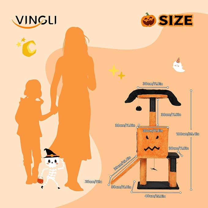 VINGLI 39.4in Halloween Cat Tree, Cat Tree Tower with Sisal-Covered Scratching Posts & House Cave & Platform Beds Side & Scratch Board, Tall Kittens Pet House w/Hanging Balls Spider, Black & Orange
