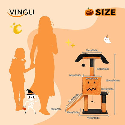 VINGLI 39.4in Halloween Cat Tree, Cat Tree Tower with Sisal-Covered Scratching Posts & House Cave & Platform Beds Side & Scratch Board, Tall Kittens Pet House w/Hanging Balls Spider, Black & Orange