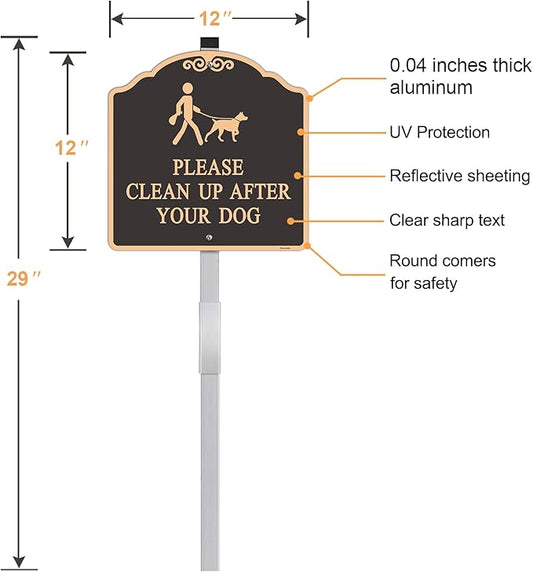 Large (2 Pack) 12x12 Inch Please Clean Up After Your Dog Sign, Metal, Reflective, Aluminum, Weatherproof Up to 7 Years Outdoor, Includes Stakes for Easy Mounting