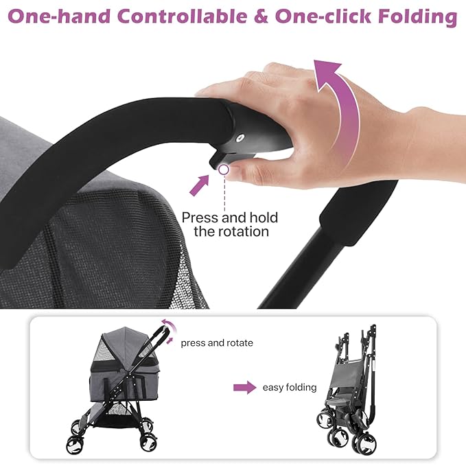 Pet Strollers, Dog Cat Stroller 3-in-1 Detachable Doggy Stroller for Small Medium Dogs 4 Wheel Dog Travel Cart Cat Walker Foldable Wagons for Dogs Trolley for Doggie Rabbit Puppy Strollers, Grey