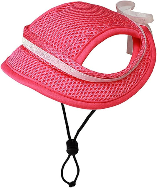 Round Brim Princess Hat Visor Hat Pet Dog Mesh Porous Sun Hat with Ear Holes for Small, Extra Small Dog Teddy, Pug, Chihuahua, Shih Tzu, Yorkshire Terriers, Papillon Rosered with bowknit S
