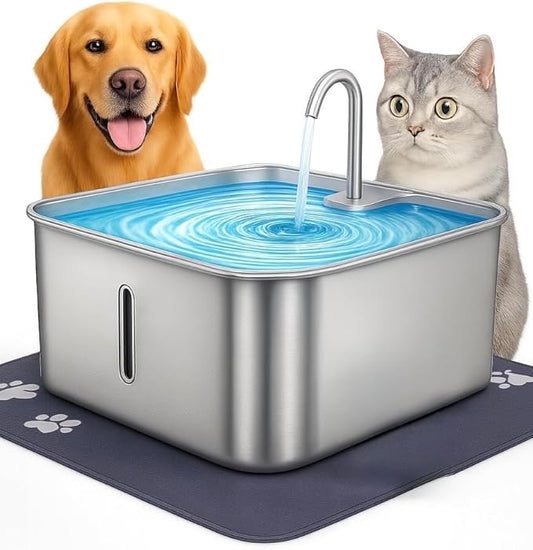 Stainless Steel Cat Water Fountain 7L with Waterproof Mat – Large Dog & Multi-Pet Automatic Drinking Fountain, Quiet Pump, 3-Stage Filtration & LED Water Window