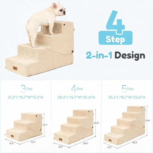 4-Step Dog Stair and Ramp for Small Dogs and Cats, Pet Steps for Bed with Non-Slip Bottom, Beige