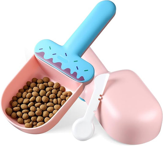 Hushee Pet Food Scoop, Sealing Clip, Dog Food Scoop, Can Opener, Canning Spoon, 4 in 1 Multifunctional Combination Set Suitable for Dog, Cat, Ferret, Rabbit, Bird Feed, Blue and Pink Ice Cream Style