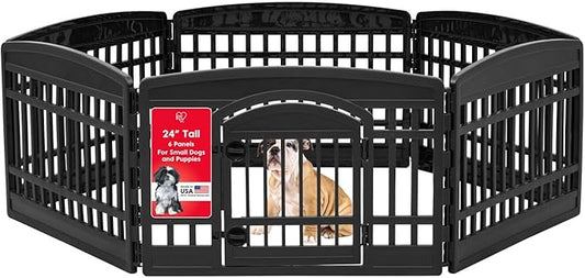 IRIS USA 24" 6-Panel Pet Dog Puppy Playpen with Door, for Puppy Small Dogs Keep Pets Secure Easy Assemble Easy Storing Customizable Non-Skid Rubber Feet, Foldable, Black