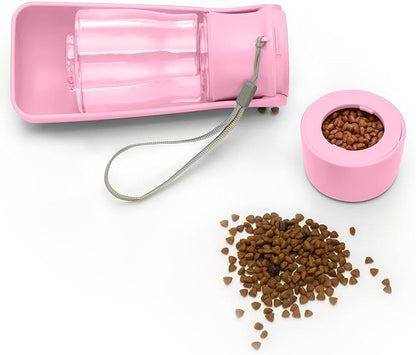 Dog Water Bottle with Food Container, Foldable Portable Puppy Travel Water Dispenser, Leak Proof Dog Water Bowl Summer Accessories for Pet Outdoor Walking Hiking (Pink)