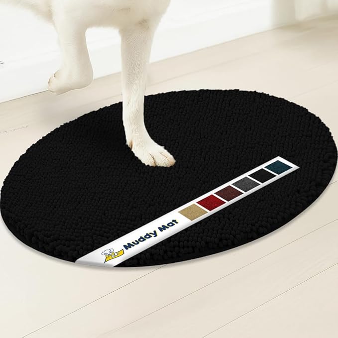 Muddy Mat® Shown on TV – Super Absorbent Microfiber Dog Door Mat for Muddy Paws, Non-Slip Washable Pet Rug, Quick Dry Chenille Entryway Carpet,Machine Washable Indoor Outdoor Mat, Black Oval 5ft x 7ft