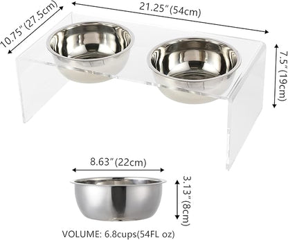 The LICKER Store DBL2001A Keaton 7.5" Medium/Large Modern Lucite Rectangular Elevated Pet Feeder with 54oz 2-Stainless Steel Bowls, Clear/Chrome