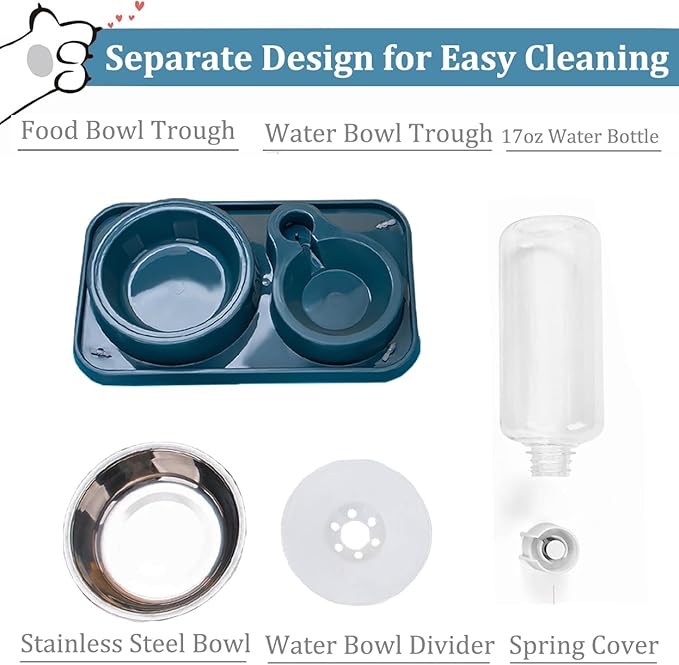 Dog Bowls, Non-Slip Puppy Cat Food and Water Bowl Set with Water Dispenser and Stainless Steel Bowl Detachable Gravity Pet Feeder and Waterer Set for Dogs (Blue, 1000ML)