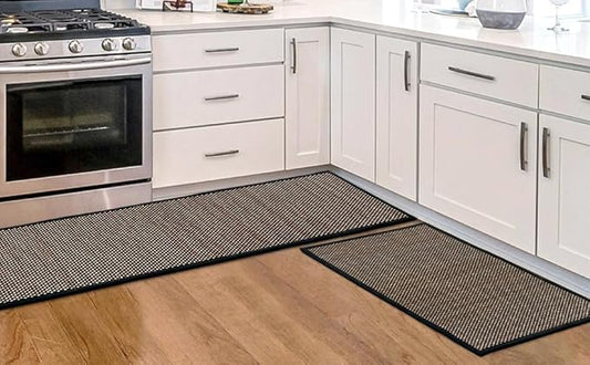 Artoid Mode Washable Non-Skid Kitchen Rugs and Mats Set of 2, Rubber Backing Home Decor Kitchen Mats for Floor Front of Sink Black - 17x29 and 17x47 Inch