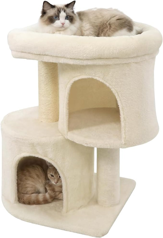 DORTALA Cat Tree for Indoor Cats, 26-Inch Cat Tower with 2 Cozy Condos, Sisal Scratching Post, Plush Top Perch, Modern Kittens Activity Play Center (Beige)