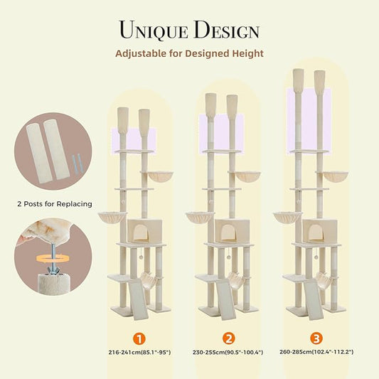 Floor to Ceiling Cat Tree Height (85-112 Inches) Adjustable, Tall Cat Tower 7 Tiers Activity Climbing Tower, Large Cat Tree with Cozy Hammocks, 5 Platforms and Scratching Posts for Indoor Cats-Beige