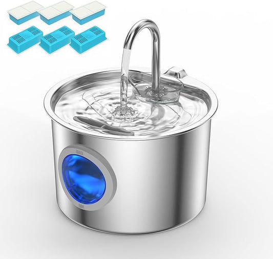 2.2L Stainless Steel Cat Fountain Ultra-Quiet (Under 25dB) & LED Water Level Window, 3-Stage Filtered Flowing Water for Cats, Easy-Clean, Perfect for Indoor Cats, Silver(74oz Cat Fountain + 6 Filters)