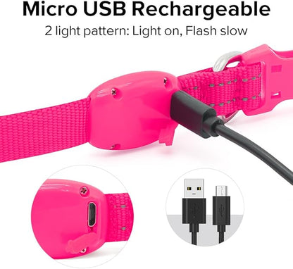 BSEEN Light Up Dog Collar, Rechargeable LED Dog Collar Glow in The Dark Cat Collar Reflective Puppy Collar Safety Dog Lights for Night Walking (Pink, XS)