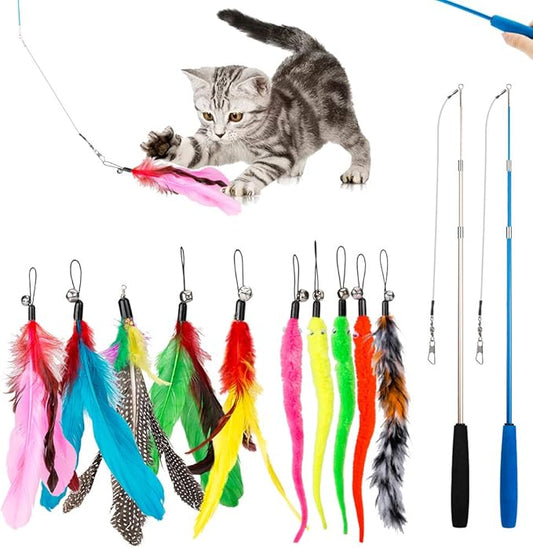 JIARON Cat Toys Feather Toy, 2PCS Retractable Wand and 10PCS Replacement Teaser with Bell Refills, Interactive Catcher and Funny Exercise for Kitten.