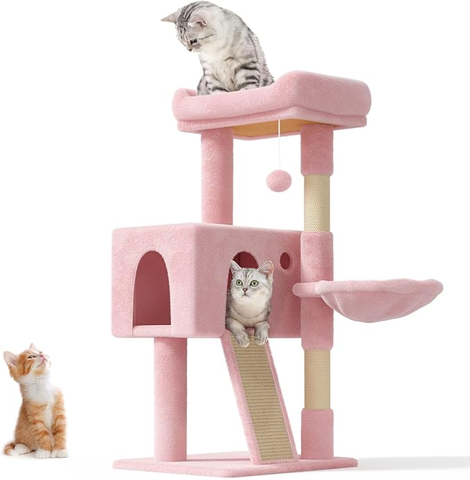 OS MOTOR Cat Tree Tower for Indoor Cats Large Adult,Cute/Tall Modern Cat Tree for Big Cats 20 lbs,Plush Multi-Level Cat Condo with Scratching Posts,Hammock, Dangling Ball (Soft Pink, 36 inch)