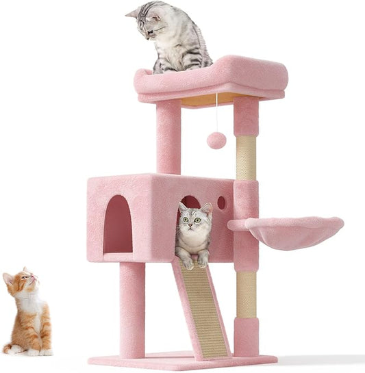 OS MOTOR Cat Tree Tower for Indoor Cats Large Adult,Cute/Tall Modern Cat Tree for Big Cats 20 lbs,Plush Multi-Level Cat Condo with Scratching Posts,Hammock, Dangling Ball (Soft Pink, 36 inch)