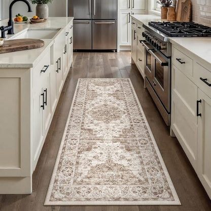 Washable Runner Rug 2x6 for Hallway Brown Vintage Long Carpet Soft Low Pile Non Slip Throw Rug Floral Distressed Accent Rug for Entryway Bathroom Office Laundry Dining Room