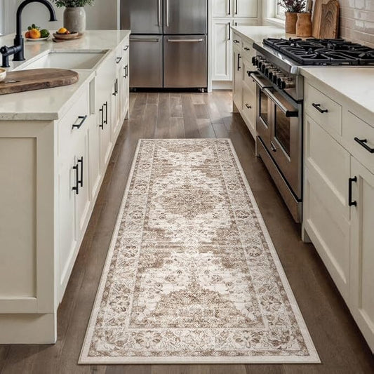 Washable Runner Rug 2x6 for Hallway Brown Vintage Long Carpet Soft Low Pile Non Slip Throw Rug Floral Distressed Accent Rug for Entryway Bathroom Office Laundry Dining Room