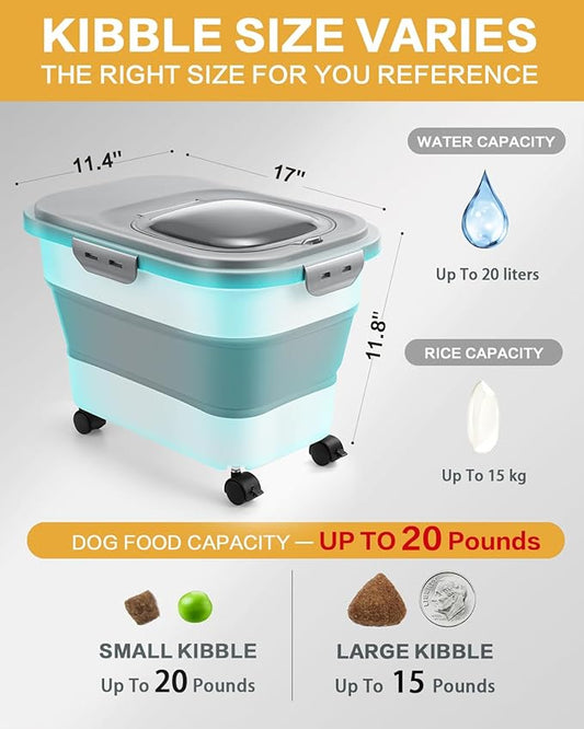 ANVS 20Lbs Dog Food Storage Container Collapsible Dog Food Container with Airtight Lids,Wheels, Scoop and 2.5L Small Pet Food Storage Container Dry Food For Dog, Cat and Other Pet Food (Sap Green)