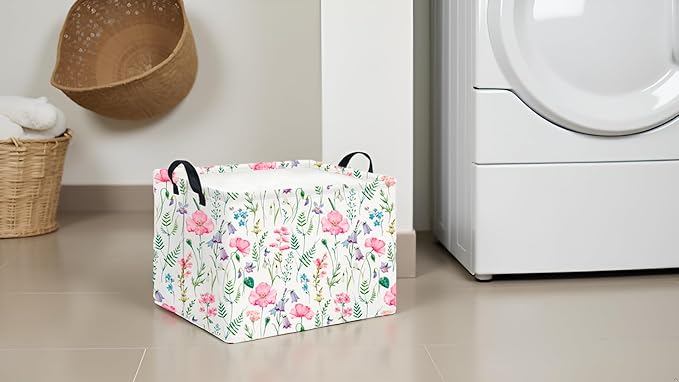 CLOCOR Rectangular Storage Basket,Collapsible Cute Pattern Storage Bin,Waterproof Books Box with Handles,Gift Basket(Blossoming)