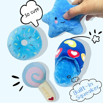 Dog Toys for Small Dogs, 4 Packs Cute Chew Toys for Puppy, Durable Soft Plush Small Dog Toys, Blue Stars Designs, Puppy Teething Toys
