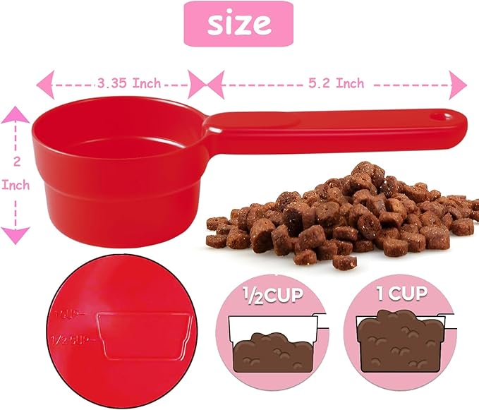 Dog Food Scoop 1 Cup 1/2 Cup - Melamine Dog Food Measuring Cup, Pet Food Scoop for Dog Cat...Comfortable Long Handle for Easy to Scoop Food, Red 1 Cup