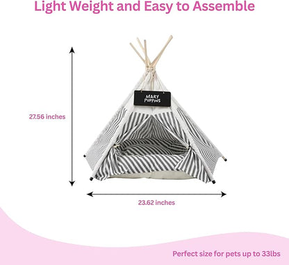 Glow Pups Pet Teepee, Cozy Retreat Dog Teepee with Thick Cushion, Portable and Foldable Canvas Pet Tent for Small Dogs and Cats up to 33lbs, Grey and White Striped
