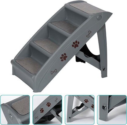 LEMY Foldable Pet Ladder,Pet Stairs with 4 Steps,Plastic Anti-Slip Pet Furniture Pet Dog Steps for Small/Old Dog,Grey