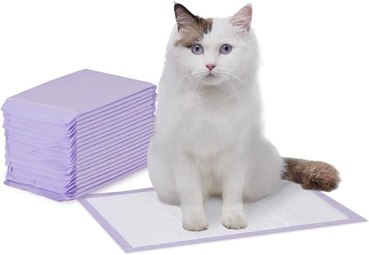 Amazon Basics Cat Pee Pads, Super Absorbent, Odor Control, Universal Fit for Litter Box, Disposable, Multi-Cat, Unscented, Purple and White, 20 Count