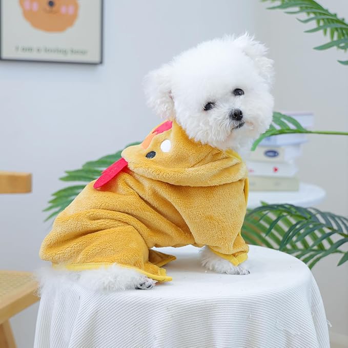 Dog Bathrobe with Hood Super Absorbent Soft Quick Drying Towel Wrap Adjustable Puppy Cat Bath Robe Towel for Cold Weather Beach Pool (Yellow Chicken, Large)