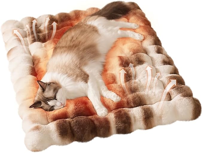 Cat Bed, Plush Faux Fur Kneading Flat Mat - Machine Washable Fluffy Pet Bed for Indoor Cats, Non-Slip Small Kitten Bed, Therapeutic Knead Cat Mat for Couch & Window Sill, 23"×15" Inch,Brown