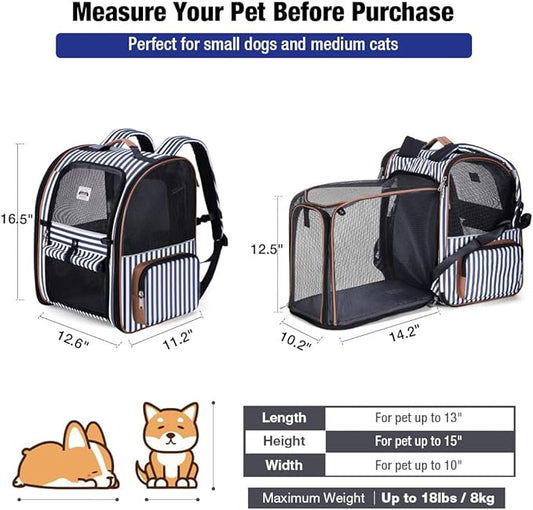 Lekebobor Large Cat Backpack Carrier Expandable Pet Carrier Backpack for Small Dogs Medium Cats Fit Up to 18 Lbs, Dog Carrier Backpack,Puppy Backpack Carrier, Striped