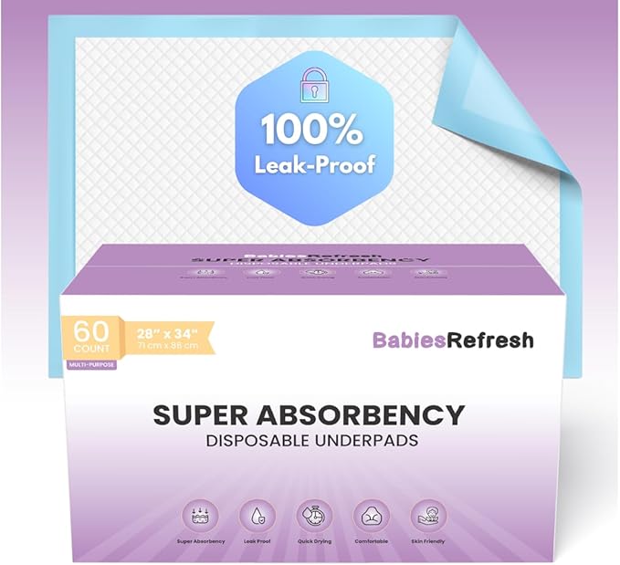 60 Count Super Absorbency Large 28" X 34" Disposable Underpads, Leakproof Quick Drying for Multi-use for Babies, Puppy Pads and Adults, Chucks, Disposable Diaper Changing Pad for Baby, Blue
