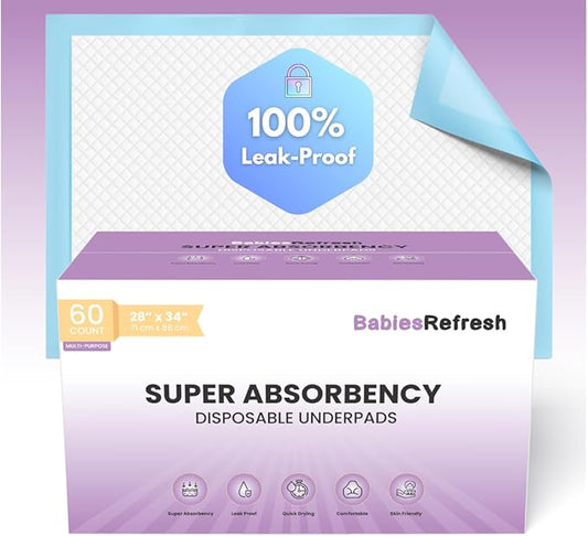 60 Count Super Absorbency Large 28" X 34" Disposable Underpads, Leakproof Quick Drying for Multi-use for Babies, Puppy Pads and Adults, Chucks, Disposable Diaper Changing Pad for Baby, Blue