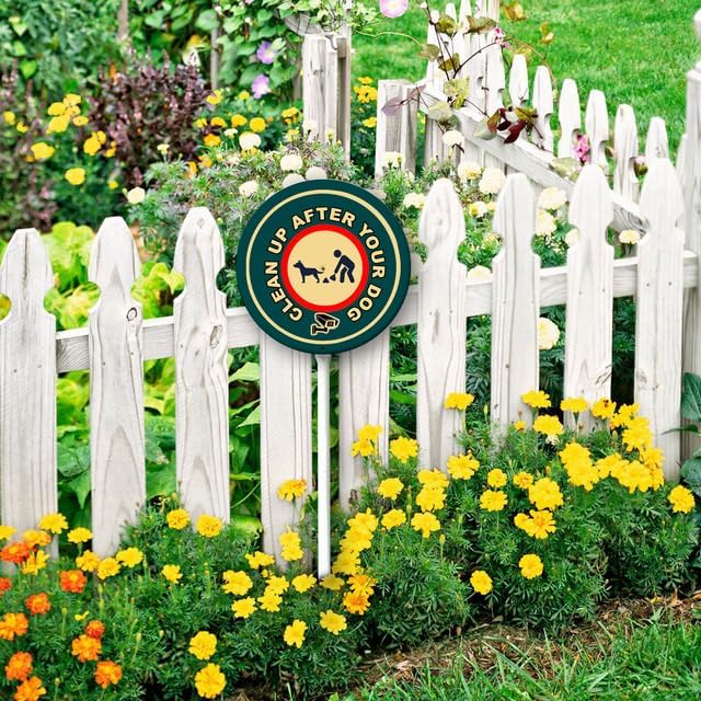 Uptell Metal Round Clean Up After Your Dog Yard Sign 9.2x9.2 Inch Classic Outdoor Lawn Decorations, Protect Your Grass & Property,With Stake 12.8"