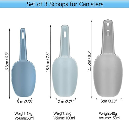 Flour Scoop Set of 3 for Canisters, Ice, Popcorn, Pet Food, Dry Goods, Coffee Beans, Candy - Plastic Scoops 1.7/3.4/5.1 oz