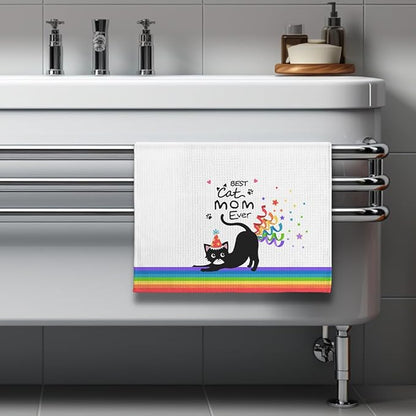 Birthday Gift for Cat Moms-Cute Kitchen Towel with Party Hat Kitty & Confetti Design,Quick-Drying Decorative Hand Towel for Kitchen & Bathroom Decor,Funny Feline Lover Accessories for Crazy Cat Ladies