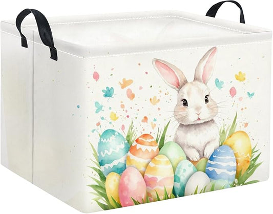 HIYAGON Rectangular Easter Basket for Kids and Girls Cute Toy Storage Organizer Bin Box Easter Egg Room Decor(Watercolor Easter)