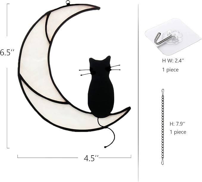 Black Cat On White Moon Stained Glass Window Hangings Ornament,Cat Memorial Gifts, Themed Gifts for Cats Lovers