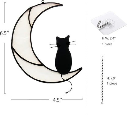 Black Cat On White Moon Stained Glass Window Hangings Ornament,Cat Memorial Gifts, Themed Gifts for Cats Lovers