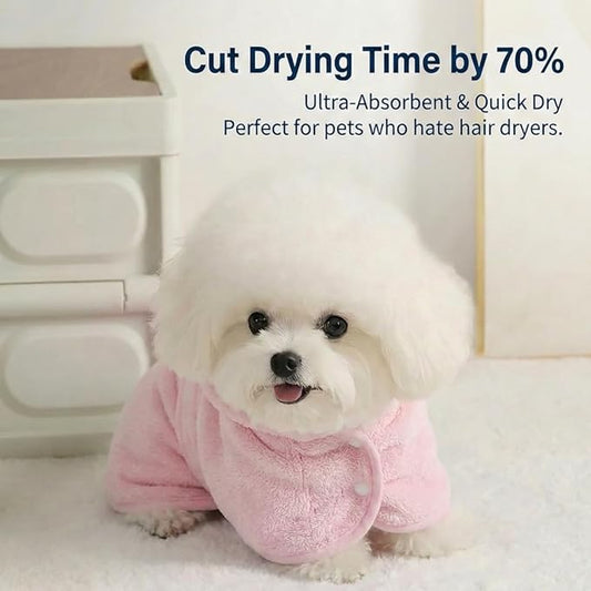 Dog Bathrobe Super Absorbent Towel for Small Dogs Cats Fast Drying Dog Robe Coat with Hood Puppy Cat Bath Towel Wrap Pet Grooming Supplies After Shower (Light Pink,XS)