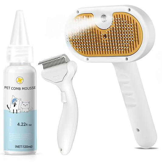 Pet Steam Brush for Dog & Cat – shower bath brush – Steam for Shedding & Grooming Water Brush for Long & Short Haired Pets Spritz Defur Comb 3-in-1 Spray Hair Removal Comb Includes 1*Waterless Shampoo