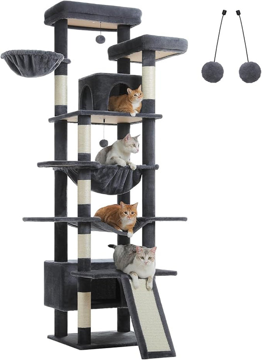 MUTTROS 81" Heavy Duty Cat Tree for Large Cats up to 20lbs - Extra Tall Cat Tower with Metal Frame Hammock, 6 Sisal Scratching Posts, 2 Perches - Indoor Cat Furniture for Maine Coon, Dark Gray