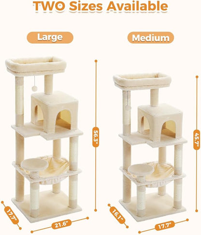 MUTTROS Cat Tree for Large Cats Adult with Metal Plush Big Hammock, 56.3" Cat Tower with 2 Door Condo House, 6-Tier Cat Shelves with Scratching Posts and Large Top Perch, Beige