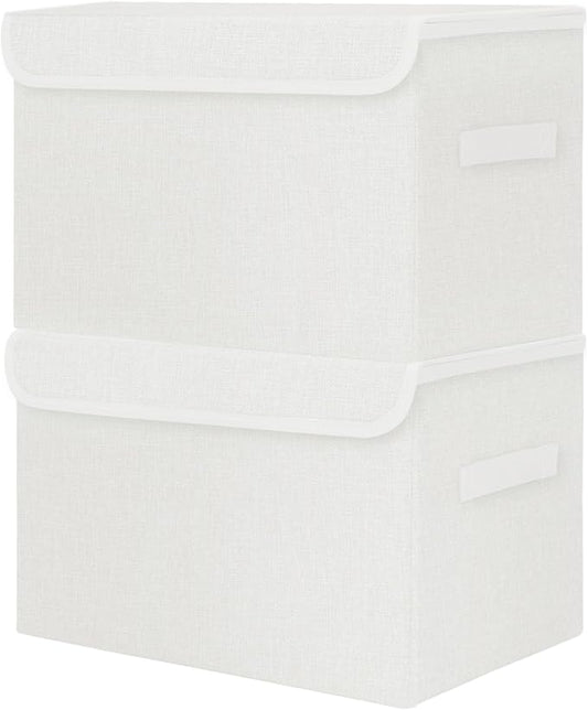 Large 42 Quarts Fabric Storage Bins with Lids [2-Pack] Linen Collapsible Foldable Storage Cubes, Closet Organizer Containers boxes with Handles for Home Office (16.7 x 12 x 12, White)