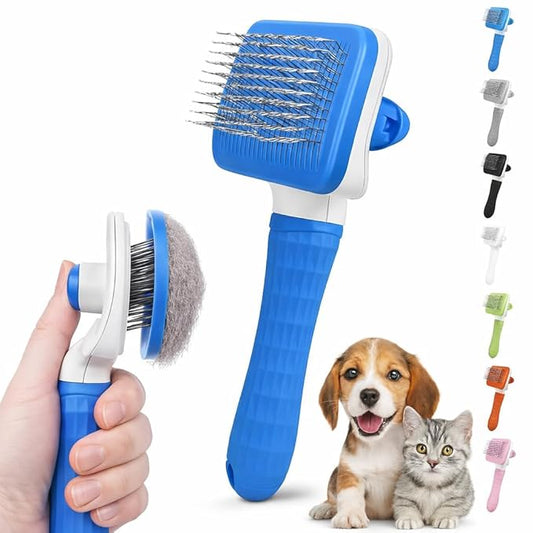 Generic Pet Grooming Brush, Blue - Self Cleaning Hair Brush for Dogs and Cats, Removes Loose Undercoat, Bristles with Massage Particles, Ergonomic Handle, For Long or Short Hair Breeds