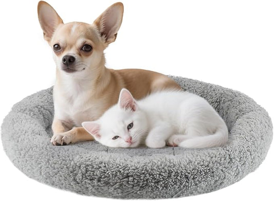 PETLESO Cat Bed Mat 19.5" Round Pad with Pillow Around, Warm Plush Cushion for Small to Medium Dogs Cats Sleep/Nap, Neck Protection Mattress, Non-Slip Washable, Large