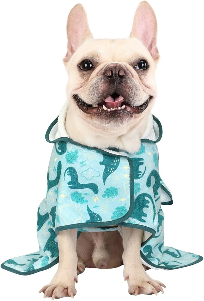 HDE Dog Bathrobe Super Absorbent Quick Drying Puppy Towel Wrap Coat Adjustable After Bath Robes with Hood for Dog Sizes S-XXL Dinosaurs S